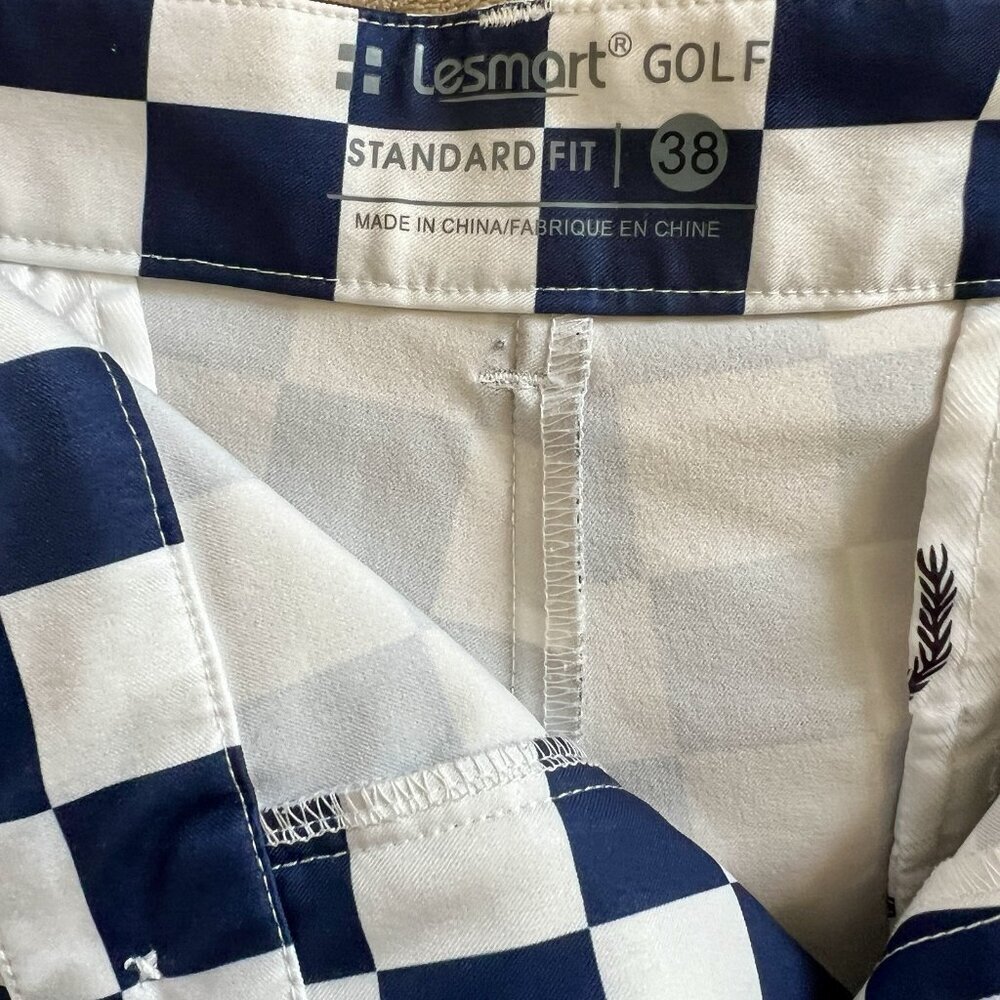 LESMART • Men's Navy Blue & White Checkerboard Check Golf Shorts Size 38 - Picture 6 of 7